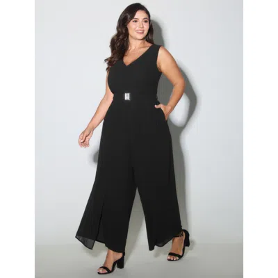 Bloomchic Women's Plus Size Metallic Buckle Layered Hem Slit Jumpsuit Black Party 10/m