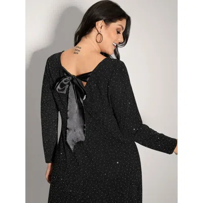 Bloomchic Women's Plus Size Metallic Detail Shimmery Back Bow Midi Dress Black Solid Midi Party Bowknot 18-20/