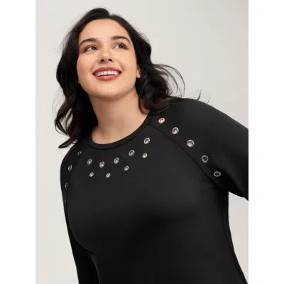 Bloomchic Women's Plus Size Metallic Loop Detail Relaxed-fit Sweatshirt Black Casual 10/m