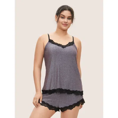 Bloomchic Women's Plus Size Metallic Patchwork Lace Detail Two-piece Pajama Set Purple 12/l