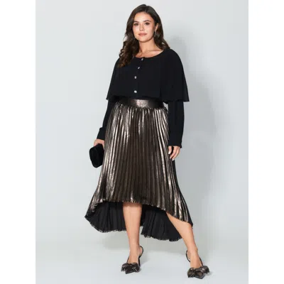 Bloomchic Women's Plus Size Metallic Shimmer High-low Hem Pleated Midi Skirt Darkbrown X-line Party 10/m In Brown