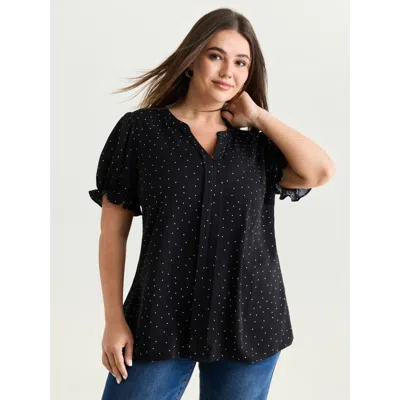 Bloomchic Women's Plus Size Micro Dots Charm Pleated Blouse Blackflower Polka Dots Office Short Sleeve V-notch
