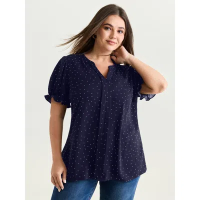 Bloomchic Women's Plus Size Micro Dots Charm Pleated Blouse Darkblue Polka Dots Office Short Sleeve V-notch Ne In Blue