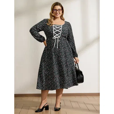 Bloomchic Women's Plus Size Micro Floral Print Adjustable Drawstring Maxi Dress Black Ditsy Floral Midi Elegan