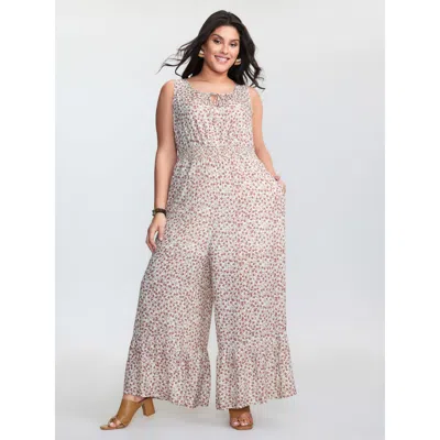 Bloomchic Women's Plus Size Micro Floral Print Back Tie Ruffled Hem Jumpsuit Originalwhite Casual 12/l
