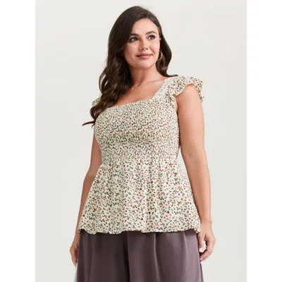 Bloomchic Women's Plus Size Micro Floral Print Backless Tie Blouse Beige Ditsy Floral Elegant Short Sleeve 10/ In Sand