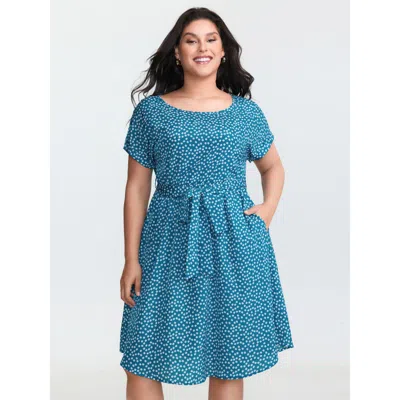 Bloomchic Women's Plus Size Micro Floral Print Belted Mini Dress Cerulean Ditsy Floral Knee Casual Tie Knot 10 In Blue
