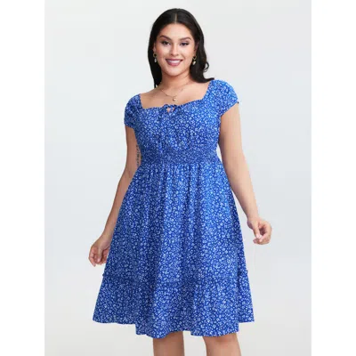 Bloomchic Women's Plus Size Micro Floral Print Bow-tie Neckline Mini Dress Mediumblue Ditsy Floral Knee Elegan