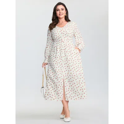 Bloomchic Women's Plus Size Micro Floral Print Button Placket Midi Dress Whitesmoke Ditsy Floral Maxi Elegant 