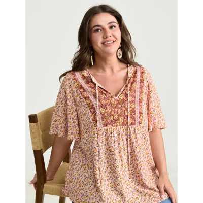 Bloomchic Women's Plus Size Micro Floral Print Drawstring Neckline Contrast Blouse Mistyrose Ditsy Floral Vaca
