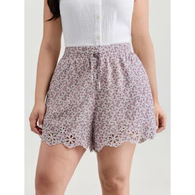 Bloomchic Women's Plus Size Micro Floral Print Embroidered Shorts Dustypink Casual A-line Tie Knot Shorts 30/6 In Pink