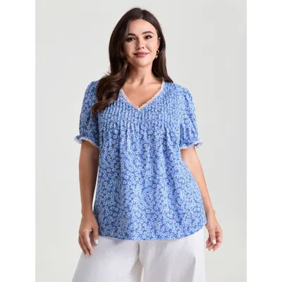 Bloomchic Women's Plus Size Micro Floral Print Lace Trim Blouse Lightblue Ditsy Floral Elegant Short Sleeve 10 In Blue