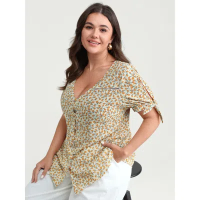 Bloomchic Women's Plus Size Micro Floral Print Lace Trim Blouse Multicolor Ditsy Floral Casual Short Sleeve 10