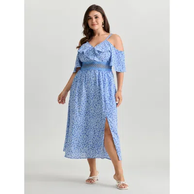 Bloomchic Women's Plus Size Micro Floral Print Lace Trim Sheer Waist Maxi Dress Lightblue Ditsy Floral Maxi El In Blue