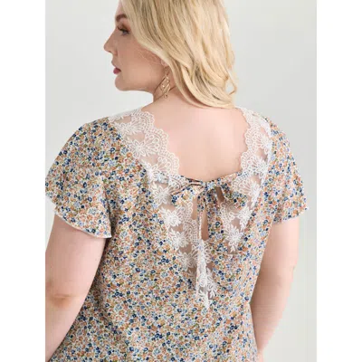 Bloomchic Women's Plus Size Micro Floral Print Open Back Tie Blouse Multicolor Elegant Short Sleeve 18-20/2x