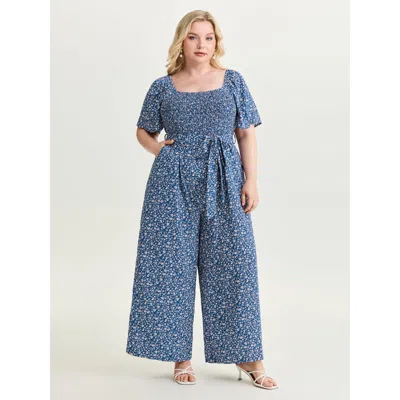 Bloomchic Women's Plus Size Micro Floral Print Shirred Bodice Jumpsuit Darkblue Elegant Fitted 10/m In Blue