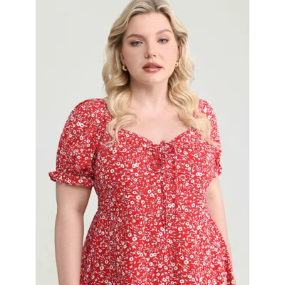 Bloomchic Women's Plus Size Micro Floral Print Shirred Bow-tie Mini Dress Brightred Ditsy Floral Short Elegant