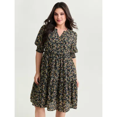 Bloomchic Women's Plus Size Micro Floral Print Shirred Cuff Mini Dress Black Ditsy Floral Knee Casual Gathered