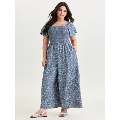 Bloomchic Women's Plus Size Micro Floral Print Shirred Jumpsuit Mediumblue Casual 12/l