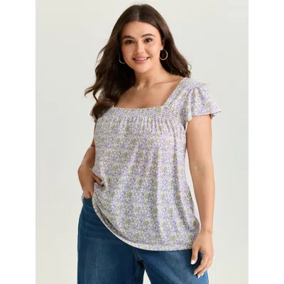 Bloomchic Women's Plus Size Micro Floral Print Shirred Neckline Knit Top Multicolor Short Sleeve Casual 10/m