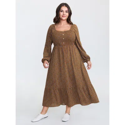 Bloomchic Women's Plus Size Micro Floral Print Shirred Pattern Midi Dress Browncoffeecolor Ditsy Floral Maxi C