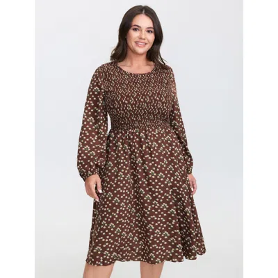 Bloomchic Women's Plus Size Micro Floral Print Shirred Pockets Midi Dress Browncoffeecolor Ditsy Floral Midi C