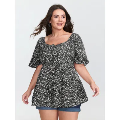 Bloomchic Women's Plus Size Micro Floral Print Sweetheart Neck Blouse Blackflower Ditsy Floral Casual Short Sl