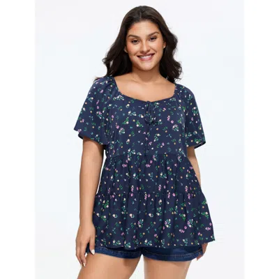 Bloomchic Women's Plus Size Micro Floral Print Sweetheart Neck Blouse Navy Ditsy Floral Casual Short Sleeve Sq In Blue