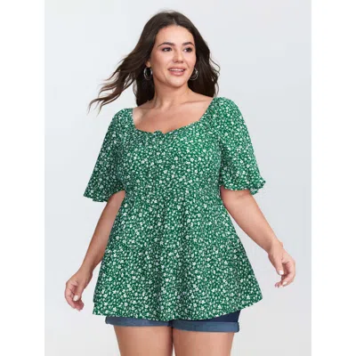 Bloomchic Women's Plus Size Micro Floral Print Sweetheart Neck Blouse Truegreen Ditsy Floral Casual Short Slee