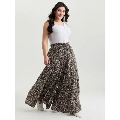 Bloomchic Women's Plus Size Micro Floral Print Wide Waistband Pants Black Ditsy Floral Wide Leg Mid Rise Casua