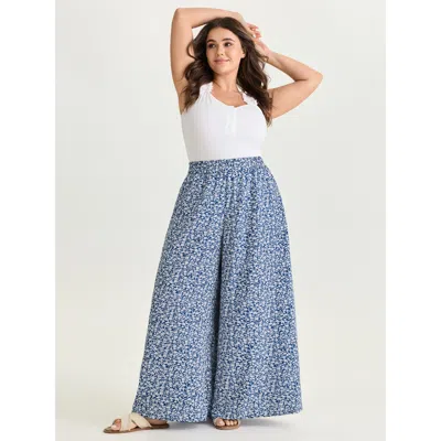 Bloomchic Women's Plus Size Micro Floral Print Wide-leg Pants Mediumblue Ditsy Floral Wide Leg Mid Rise Casual