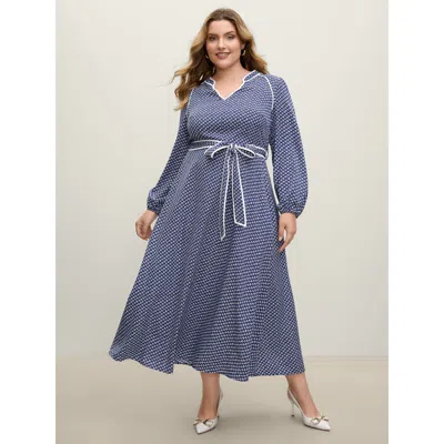 Bloomchic Women's Plus Size Micro Geometric Print Waist-tie Maxi Dress Navy Geometric Maxi Office Elastic Cuff In Blue