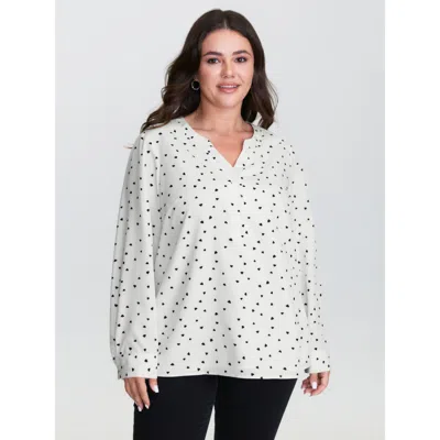 Bloomchic Women's Plus Size Micro Hearts Print Button Placket Shirt Originalwhite Casual Long Sleeve V-notch N