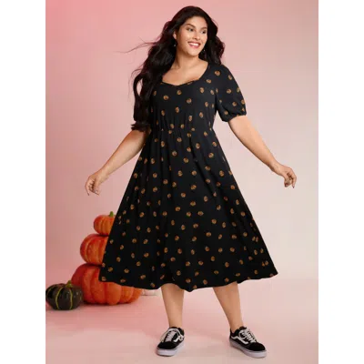 Bloomchic Women's Plus Size Micro Pumpkin Print Stretchy Midi Dress Blackflower Fruit And Vegetable Print Midi