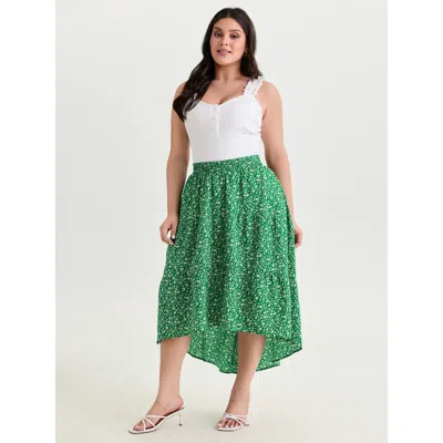 Bloomchic Women's Plus Size Micro-floral Print Flowy Midi Skirt Malachitegreen Smocked A-line Elegant 10/m