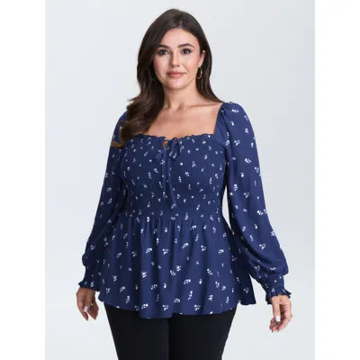 Bloomchic Women's Plus Size Micro-floral Print Shirred Blouse Indigo Ditsy Floral Elegant Long Sleeve Square N In Purple
