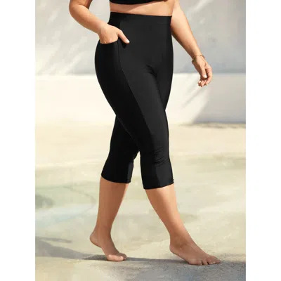 Bloomchic Women's Plus Size Mid Rise Cropped Tight Swim Pants Black Solid Capri Non Elastic Waist 10/m