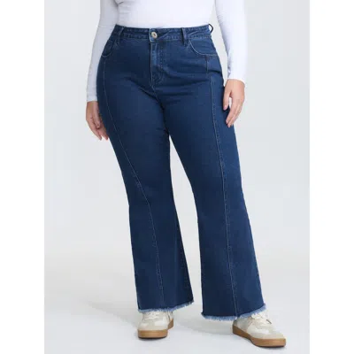 Bloomchic Women's Plus Size Mid Rise Patchwork Panel Flared Jeans Denimindigo Patchwork Flared High Stretch 10