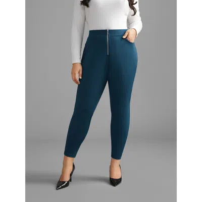 Bloomchic Women's Plus Size Mid Rise Zipper Detail Skinny Pants Aegean Non Skinny Ankle Mid Rise Everyday 10/m In Blue