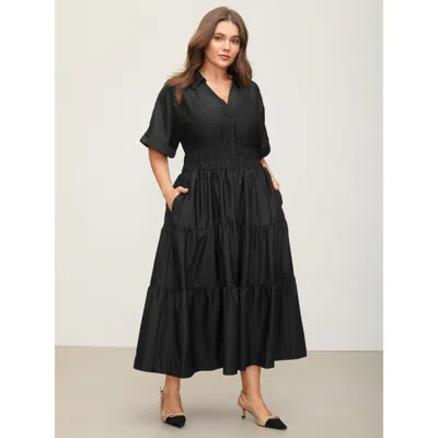 Bloomchic Women's Plus Size Midfield Tiered Midi Shirt Dress Black Solid Midi Office Ruched 10/m