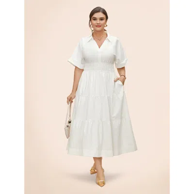 Bloomchic Women's Plus Size Midfield Tiered Midi Shirt Dress Originalwhite Solid Midi Office Ruched 12/l