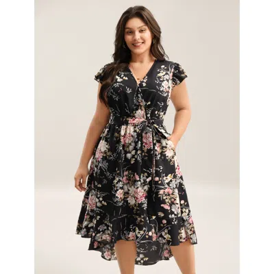 Bloomchic Women's Plus Size Midnight Blooms Wrap A-line Midi Dress Black Floral Elegant Wrap / Overlap 14-16/1