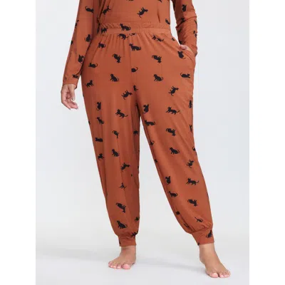 Bloomchic Women's Plus Size Midnight Cat Print Stretchy Lounge Bottoms Yellowishbrown 12/l