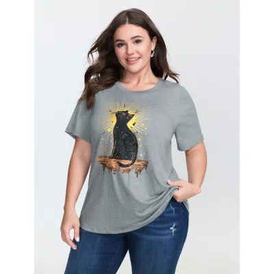 Bloomchic Women's Plus Size Midnight Cat Print Stretchy T-shirt Lightgray Non Casual Short Sleeve 10/m In Gray
