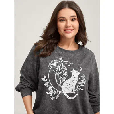 Bloomchic Women's Plus Size Midnight Cat Stretchy Solid Sweatshirt Black Animal Casual 12/l
