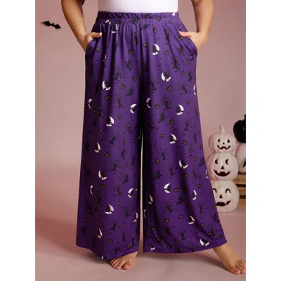 Bloomchic Women's Plus Size Midnight Halloween Print Wide-leg Lounge Pants Deeppurple Full 10/m