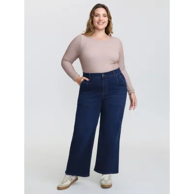 Bloomchic Women's Plus Size Mid-rise Elastic Waistband Wide-leg Jeans Darkindigo Non Wide Leg High Stretch 10/ In Purple