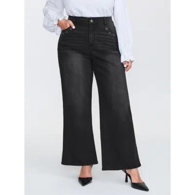 Bloomchic Women's Plus Size Mid-rise Wide-leg Jeans Denimblack Grommets Wide Leg Medium Stretch 16/1x In Black