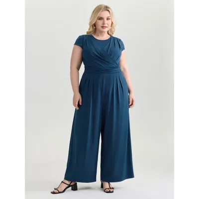 Bloomchic Women's Plus Size Minimalist Overlap Plain Jumpsuit Darkblue Elegant 12/l In Blue