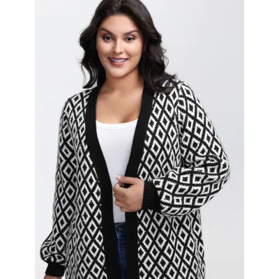 Bloomchic Women's Plus Size Mink Jacquard Diamond Pattern Knit Cardigan Black Long Sleeve 10/m